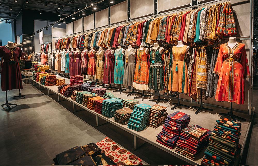 A vibrant display of colorful dresses at the Exhibition Society in Hyderabad.