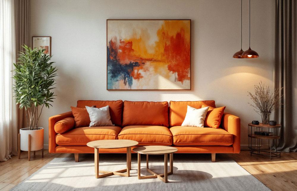 An orange couch in a room featuring a painting on the wall, displayed at the Numaish exhibition.